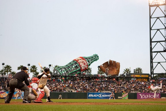 This is what Sandoval's first at bat looked like with the white sky. This would not have worked out too well as the ball would not have shown up in the sky.