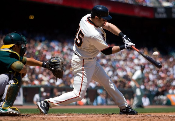 Rich Aurilia #35 of the San Francisco Giants bats against the Oakland Athletics during the game at AT&T Park on June 14, 2009 in San Francisco, California. (Photo by Brad Mangin)