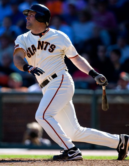 Rich Aurilia #35 of the San Francisco Giants bats against the Arizona Diamondbacks during the game at AT&T Park on October 1, 2009 in San Francisco, California. (Photo by Brad Mangin)