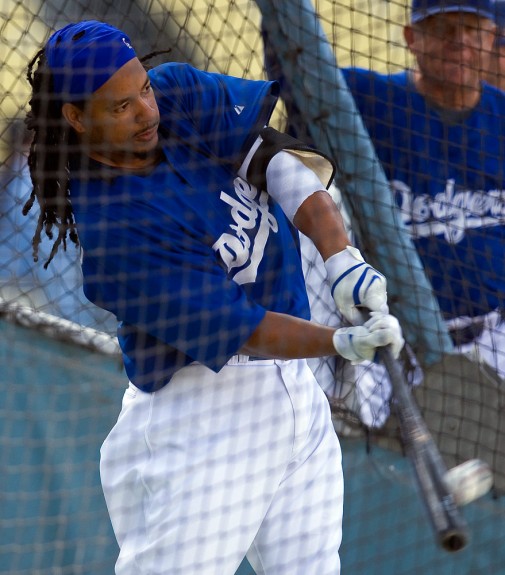 Manny Ramirez of the Los Angeles Dodgers takes batting practice before Game 1 of the National League Division Series against the St. Louis Cardinals at Dodger Stadium on October 7, 2009 in Los Angeles, California. (Photo by Brad Mangin)