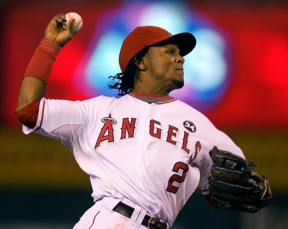 Erick Aybar of the Los Angeles Angels of Anaheim makes a play at third base against the Boston Red Sox during Game 2 of the American League Division Series at Angel Stadium on October 9, 2009 in Anaheim, California. (Photo by Brad Mangin)