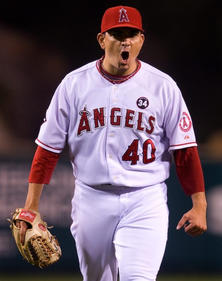 Brian Fuentes of the Los Angeles Angels of Anaheim celebrates after the win against the Boston Red Sox after Game 2 of the American League Division Series at Angel Stadium on October 9, 2009 in Anaheim, California. (Photo by Brad Mangin)