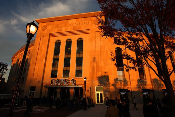 Overall exterior view of Yankee Stadium before Game 6 of the American League Championship Series between the Los Angeles Angels of Anaheim and the New York Yankees at Yankee Stadium in the Bronx, New York on October 25, 2009. The Yankees won 5-2 and clinched the American League pennant. (Photo by Brad Mangin)