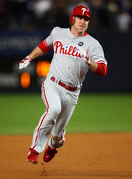 Philadelphia Phillies base runner Chase Utley runs the bases during Game 1 of the World Series against the New York Yankees in New York. (Photo by Brad Mangin/MLB Photos)