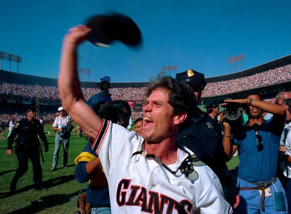 Brett Butler of the San Francisco Giants celebrates on the field after the Giants won the National League Pennant after defeating the Chicago Cubs in Game 5 of the 1989 National League Championship Series at Candlestick Park in San Francisco, California in 1989. (Photo by Brad Mangin)