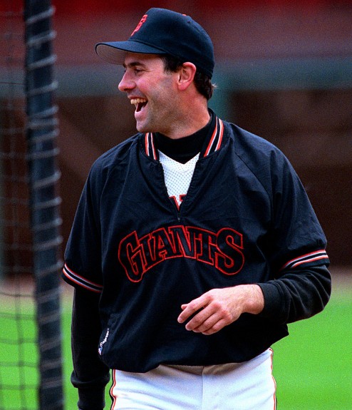 Will Clark of the San Francisco Giants jokes around during batting practice before a game at Candlestick Park in San Francisco, California in 1989. (Photo by Brad Mangin)