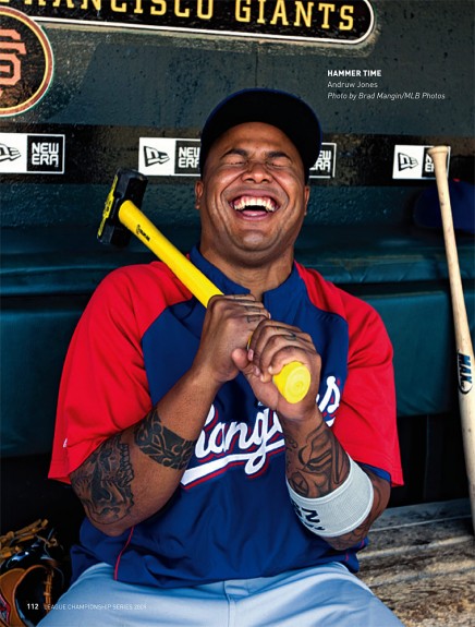 Andruw Jones of the Texas Rangers sits in the dugout before the game against the San Francisco Giants at AT&T Park in San Francisco, California on Saturday, June 20, 2009. (Photo by Brad Mangin)