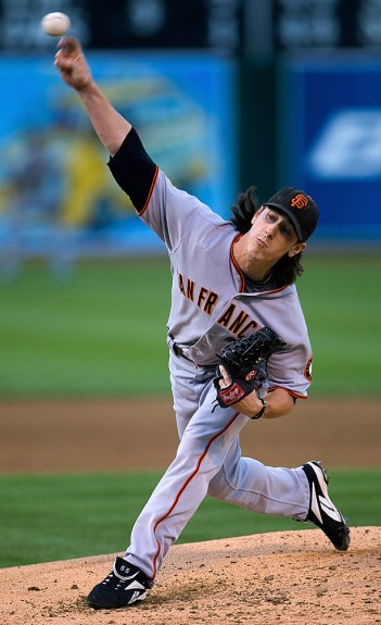 Tim Lincecum #55 of the San Francisco Giants pitches against the Oakland Athletics during the game at the Oakland-Alameda County Coliseum on June 23, 2009 in Oakland, California. (Photo by Brad Mangin)