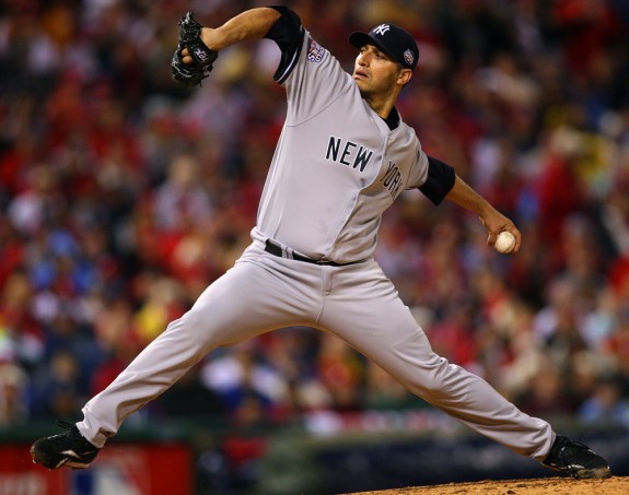 Yankees starting pitcher Andy Pettitte turned in a gutty performance against the Phillies in Game 3 of the World Series. (Photo by Brad Mangin/MLB Photos)