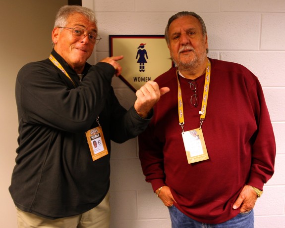 Childhood friends and photography legends Johnny Iacono (left) and Mickey Palmer clown around in the tunnel underneath Citizens Bank Park in Philadelphia before Game 4 of the World Series. (Photo by Brad Mangin/MLB Photos)