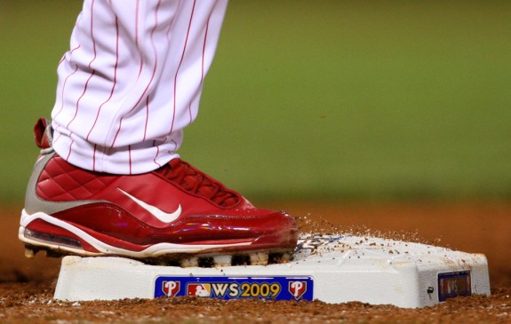 Phillies batter Pedro Feliz is out at first base during Game 5 of the World Series against the Yankees. (Photo by Brad Mangin/MLB Photos)