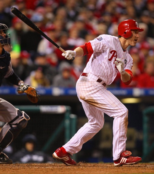 Phillies batter Chase Utley hits his second home run of the game and 5th in the World Series against the Yankees in Game 5 in Philadelphia. (Photo by Brad Mangin/MLB Photos)