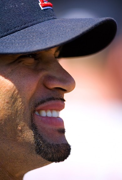 Albert Pujols of the St. Louis Cardinals watches the game from the dugout during the game against the San Francisco Giants at AT&T Park in San Francisco, California on April 13, 2008. (Photo by Brad Mangin)