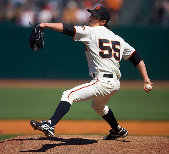 Tim Lincecum of the San Francisco Giants pitches during the game against the St. Louis Cardinals at AT&T Park in San Francisco, California on April 13, 2008. (Photo by Brad Mangin)