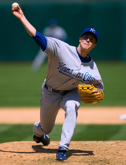 Zack Greinke of the Kansas City Royals pitches during the game against the Oakland Athletics at the McAfee Coliseum in Oakland, California on April 19, 2008. (Photo by Brad Mangin)