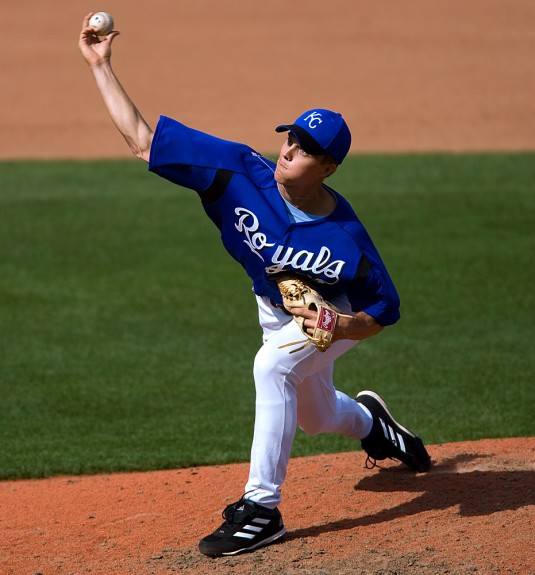 Kansas City Royals pitcher Zack Greinke pitches against the Chicago White Sox during a spring training game at Surprise Stadium in Surprise, Arizona on March 16, 2005. (Photo by Brad Mangin)