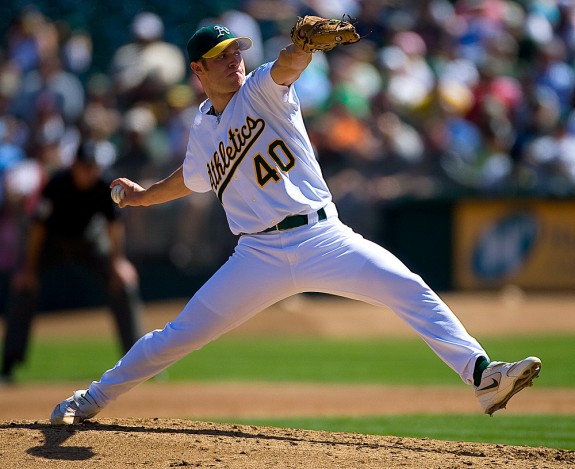 Oakland Athletics pitcher Rich Harden pitches against the Cleveland Indians at McAfee Coliseum in Oakland, CA on September 21, 2006. (Photo by Brad Mangin)