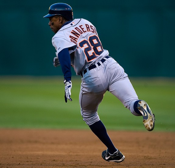 Detroit Tigers base runner Curtis Granderson runs the bases during Game 1 of the ALCS against the Oakland Athletics at McAfee Coliseum in Oakland, CA on October 10, 2006. (Photo by Brad Mangin)