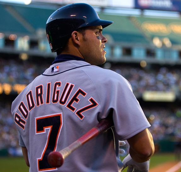 Detroit Tigers batter Ivan Rodriguezwaits in the on deck circle during Game 1 of the ALCS against the Oakland Athletics at McAfee Coliseum in Oakland, CA on October 10, 2006. (Photo by Brad Mangin)