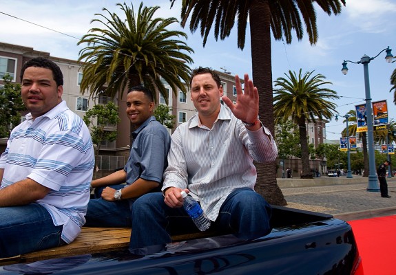 John Lackey of the Los Angeles Angels rides in the All Star Game Red Carpet Show before the All Star Game against the National League at AT&T Park in San Francisco, California on July 10, 2007. (Photo by Brad Mangin)