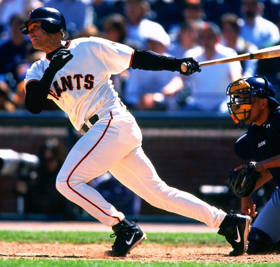 Pedro Feliz of the San Francisco Giants bats during a game against the Milwaukee Brewers at AT&T Park in San Francisco, California on April 21, 2001. (Photo by Brad Mangin)