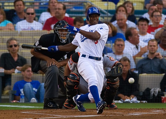 Juan Pierre of the Los Angeles Dodgers bats during the game against the San Francisco Giants at Dodger Stadium in Los Angeles, California on August 1, 2007. (Photo by Brad Mangin)