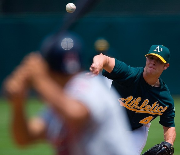 Oakland Athletics pitcher Rich Harden makes his Major League debut against the Cleveland Indians at the Oakland Coliseum in Oakland, CA on July 31, 2003. (Photo by Brad Mangin)