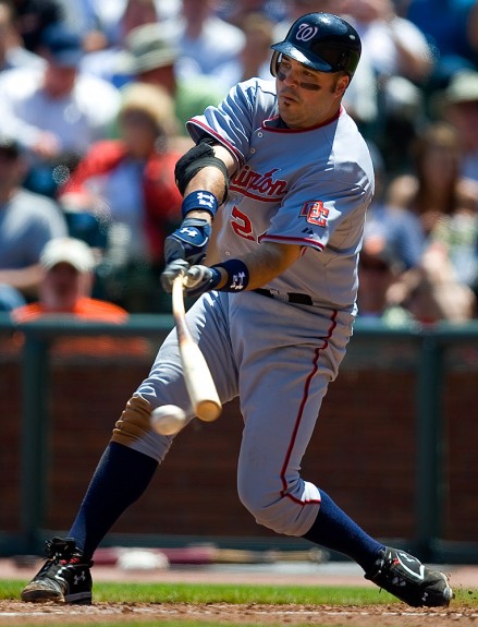 Nick Johnson #24 of the Washington Nationals bats against the San Francisco Giants during the game at AT&T Park on May 13, 2009 in San Francisco, California. (Photo by Brad Mangin)