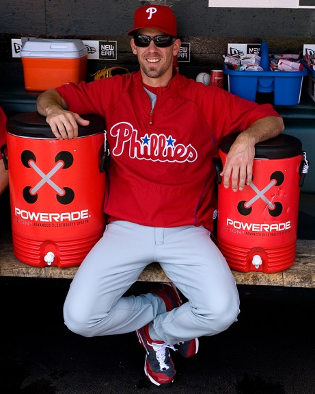 Cliff Lee #34 of the Philadelphia Phillies sits in the dugout before the game against the San Francisco Giants at AT&T Park on August 2, 2009 in San Francisco, California. (Photo by Brad Mangin)