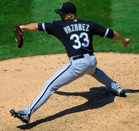 Javier Vazquez of the Chicago White Sox pitches during the game against the Oakland Athletics at the McAfee Coliseum in Oakland, California on August 17, 2008. (Photo by Brad Mangin)