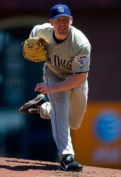 Randy Wolf of the San Diego Padres pitches during the game against the San Francisco Giants at AT&T Park in San Francisco, California on June 1, 2008. (Photo by Brad Mangin)