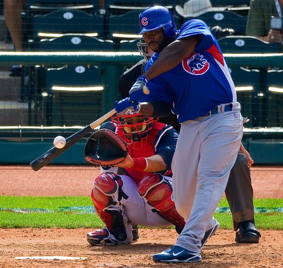 Milton Bradley of the Chicago Cubs bats during their spring training game against the Cleveland Indians at Goodyear Ballpark in Goodyear, Arizona on March 4, 2009. (Photo by Brad Mangin)