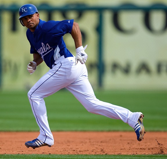 Coco Crisp of the Kansas City Royals runs the bases during their spring training game against the Milwaukee Brewers at Surprise Stadium in Surprise, Arizona on March 8, 2009. (Photo by Brad Mangin)