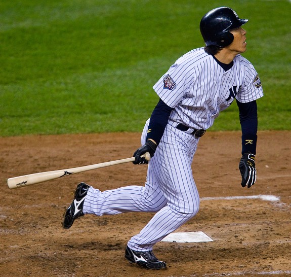 Hideki Matsui of the New York Yankees bats against the Philadelphia Phillies in Game Six of the 2009 MLB World Series at Yankee Stadium on November 4, 2009 in the Bronx borough of New York City. (Photo by Brad Mangin/MLB Photos)