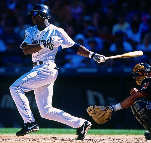 Mike Cameron of the Seattle Mariners bats against the Cleveland Indians during a game at Safeco Park in Seattle, Washington in 2001. (Photo by Brad Mangin)