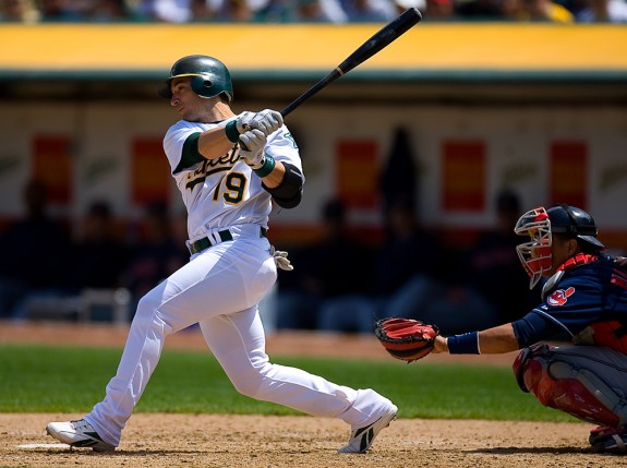 Marco Scutaro of the Oakland Athletics bats the bases during the game against the Cleveland Indians at the McAfee Coliseum in Oakland, California on May 12, 2007. (Photo by Brad Mangin)