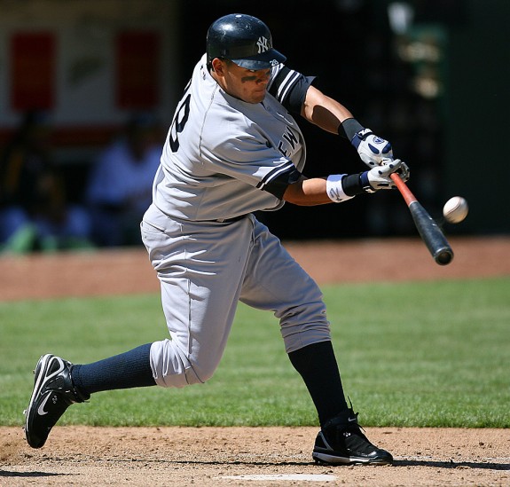 Melky Cabrera of the New York Yankees bats during the game against the Oakland Athletics at McAfee Coliseum in Oakland, California on April 15, 2007. (Photo by Brad Mangin/MLB Photos)