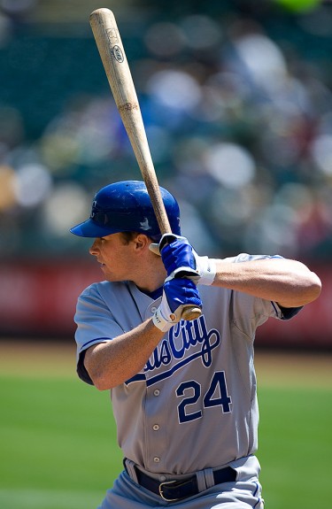 Mark Teahen of the Kansas City Royals bats during the game against the Oakland Athletics at the McAfee Coliseum in Oakland, California on April 19, 2008. (Photo by Brad Mangin)