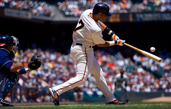 San Francisco Giants batter Pedro Feliz bats against the Cleveland Indians at AT&T Park in San Francisco, CA on  June12, 2005. (Photo by Brad Mangin)