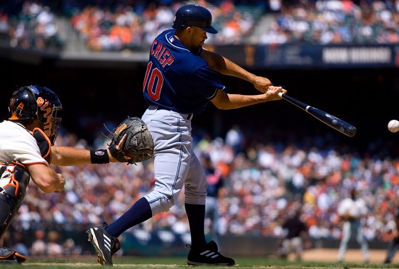 Coco Crisp of the Cleveland Indians bats during a game against the San Francisco Giants at AT&T Park in San Francisco, CA on June 12, 2005. (Photo by Brad Mangin)