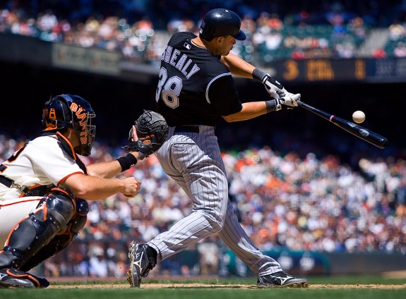 Ryan Shealy of the Colorado Rockies bats during a game against the San Francisco Giants at AT&T Park in San Francisco, CA on August 4, 2005. (Photo by Brad Mangin)