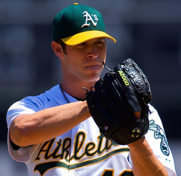 Oakland Athletics pitcher Rich Harden pitches against the Minnesota Twins  at the Oakland Coliseum in Oakland, CA on August 14,2005. (Photo by Brad Mangin)