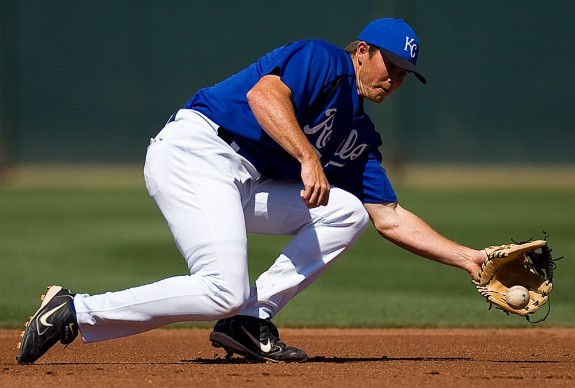 Kansas City Royals third baseman Mark Teahen makes a play against the Chicago White Sox during a spring training game in Surprise, AZ on March 16, 2005. (Photo by Brad Mangin)