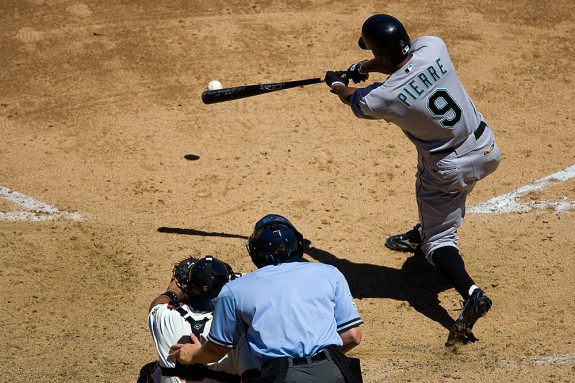 Florida Marlins batter Juan Pierre bats during a game against the San Francisco Giants at AT&T Park in San Francisco, CA on July 24, 2005. (Photo by Brad Mangin)