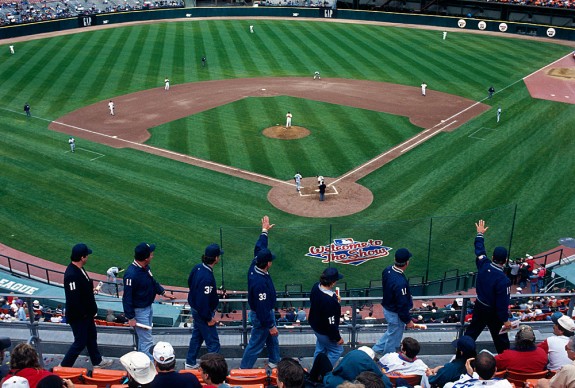 Major League Baseball umpires picket and protest while being locked out on opening day during a San Francisco Giants game at Candlestick Park in San Francisco, California in 1995. (Photo by Brad Mangin)