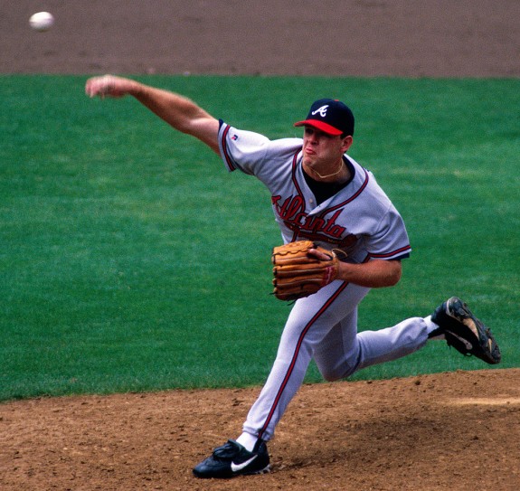 Kevin Millwood of the Atlanta Braves pitches against the San Francisco Giants at Candlestick Park in San Francisco, California in 1998. (Photo by Brad Mangin)