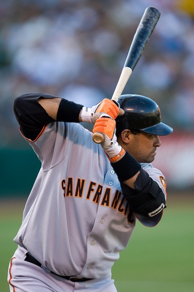 Giants catcher Bengie Molina and Pablo Sandoval (48) celebrate Molina's  2-run home run in the first inning vs. the Cincinnati Reds at AT&t Park in  San Francisco, Calif., on Friday, August 7