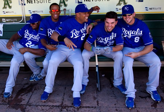 Salvador Perez of the Kansas City Royals jokes in the dugout