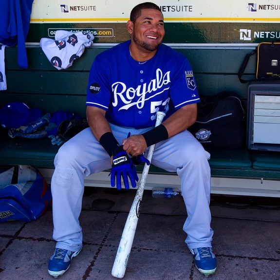 Salvador Perez of the Kansas City Royals jokes in the dugout